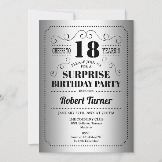 Überraschung 18. Geburtstag - Silberschwarz Einladung (Vorderseite)