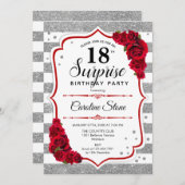 Überraschung 18. Geburtstag - Silver White Red Einladung (Vorne/Hinten)