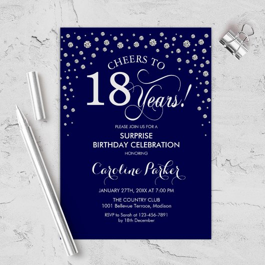 Überraschung 18. Geburtstagsparty - Navy Silver Einladung