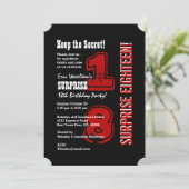 ÜBERRASCHUNG 18. Modern Birthday Red Schwarz-weiß  Einladung (Stehend Vorderseite)