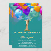 Überraschung 1. Geburtstag Aquamarine und Goldene  Einladung (Vorne/Hinten)