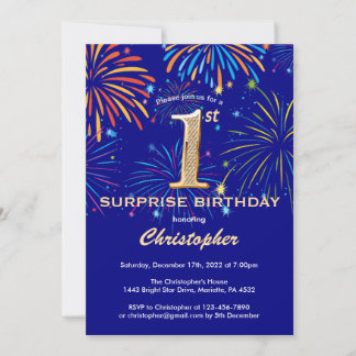 Überraschung 1. Geburtstag Navy Blue & Gold Firewo Einladung