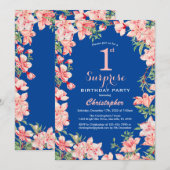 Überraschung 1. Geburtstag Rosa Blume Blau Einladung (Vorne/Hinten)