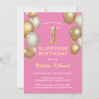 Überraschung 1. Geburtstag Rosa und Gold Balloons Einladung