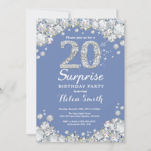 Überraschung 20. Geburtstag Blau Silber Diamant Einladung