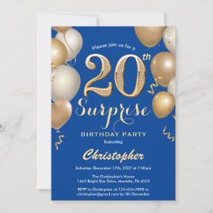 Überraschung 20. Geburtstag Blue und Gold Balloons Einladung