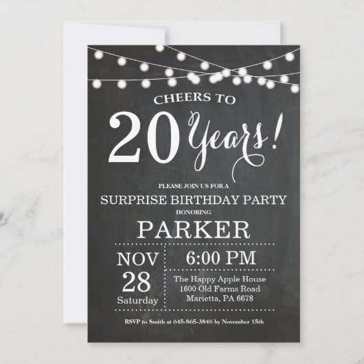 Überraschung 20. Geburtstag Einladung Chalkboard (Vorderseite)