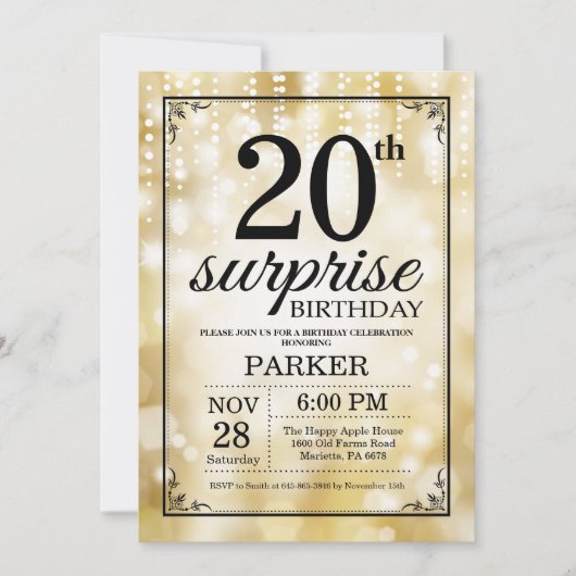 Überraschung 20. Geburtstag Einladung Gold Glitzer (Vorderseite)
