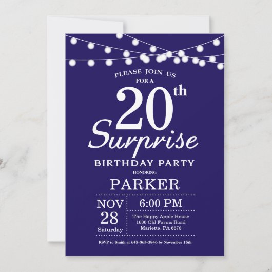 Überraschung 20. Geburtstag Einladung Navy Blue (Vorderseite)