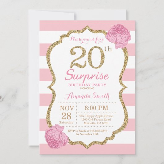 Überraschung 20. Geburtstag Einladung Pink und Gol (Vorderseite)