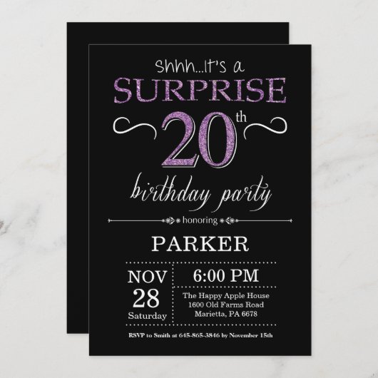 Überraschung 20. Geburtstag Einladung Schwarz und (Vorne/Hinten)