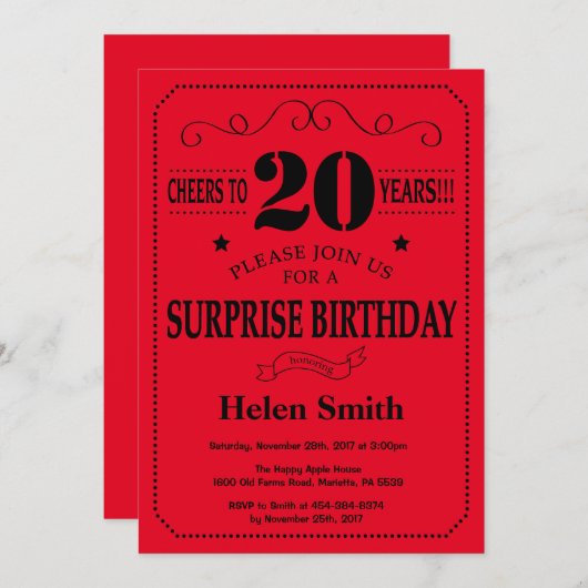 Überraschung 20. Geburtstag Einladung Schwarz und  (Vorne/Hinten)