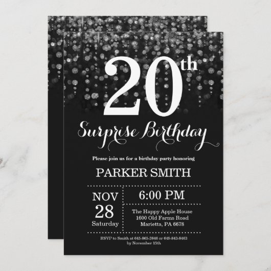 Überraschung 20. Geburtstag Einladung Silberner Gl (Vorne/Hinten)