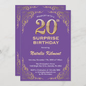 Überraschung 20. Geburtstag Lila und Gold Glitzer Einladung (Vorne/Hinten)
