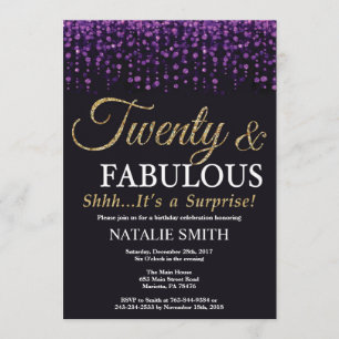 Überraschung 20. Geburtstag Lila und Gold Glitzer Einladung