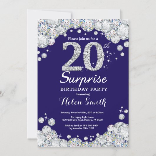 Überraschung 20. Geburtstag Navy Blue Silver Diamo Einladung (Vorderseite)