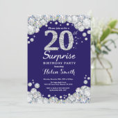 Überraschung 20. Geburtstag Navy Blue Silver Diamo Einladung (Stehend Vorderseite)