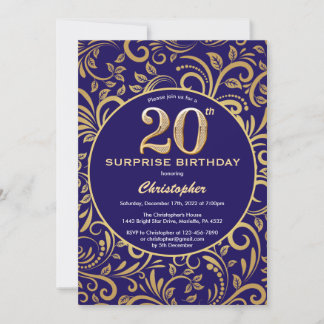 Überraschung 20. Geburtstag Navy Blue und Gold Flo Einladung