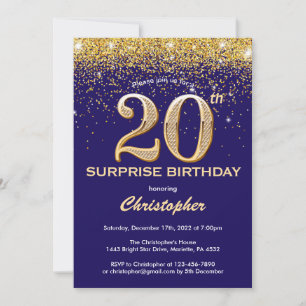 Überraschung 20. Geburtstag Navy Blue und Gold Gli Einladung