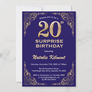 Überraschung 20. Geburtstag Navy Blue und Gold Gli Einladung