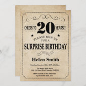 Überraschung 20. Geburtstag Rustikales Vintages Re Einladung (Vorne/Hinten)