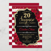Überraschung 20. Geburtstag - Schwarz-weiß Red Einladung (Vorne/Hinten)