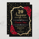 Überraschung 20. Geburtstag - Schwarze Gold Rote E Einladung (Vorne/Hinten)