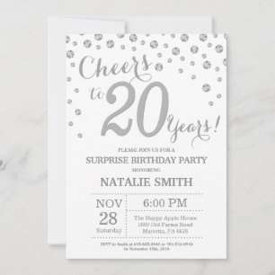 Überraschung 20. Geburtstag Silber Glitter Diamant Einladung