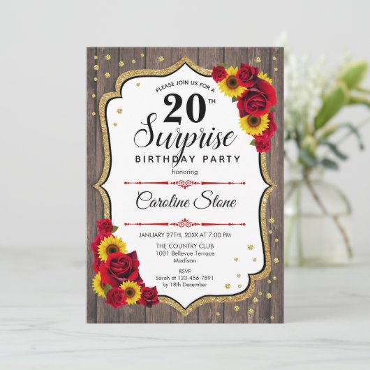 Überraschung 20. Geburtstag - Sonnenblumen Rustika Einladung (Stehend Vorderseite)