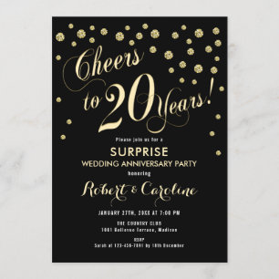 Überraschung 20. Hochzeitstag - Black & Gold Einladung