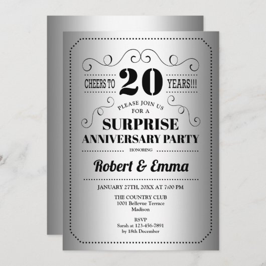 Überraschung 20-jähriges Party - Silver Black Einladung (Vorne/Hinten)