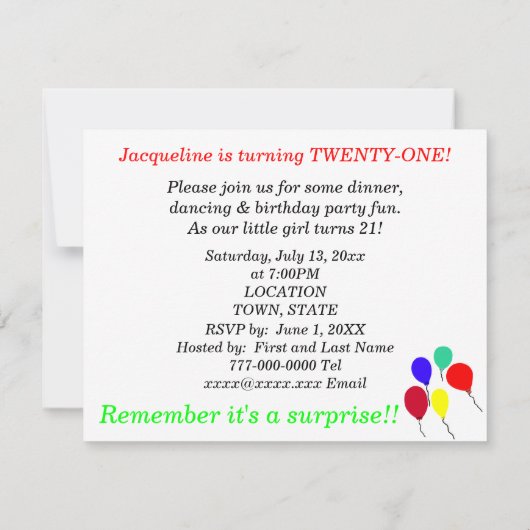 Überraschung 21. Geburtstag Balloons Rosa Einladung (Rückseite)