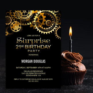 Überraschung 21. Geburtstag Black Gold Steampunk Einladung