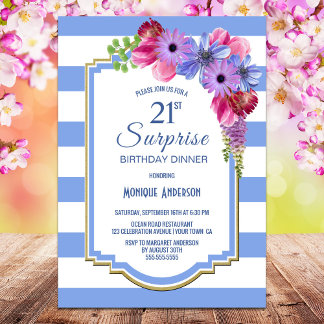 Überraschung 21. Geburtstag Blue Striping Floral D Einladung