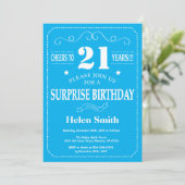 Überraschung 21. Geburtstag Einladung Blau und Wei (Stehend Vorderseite)