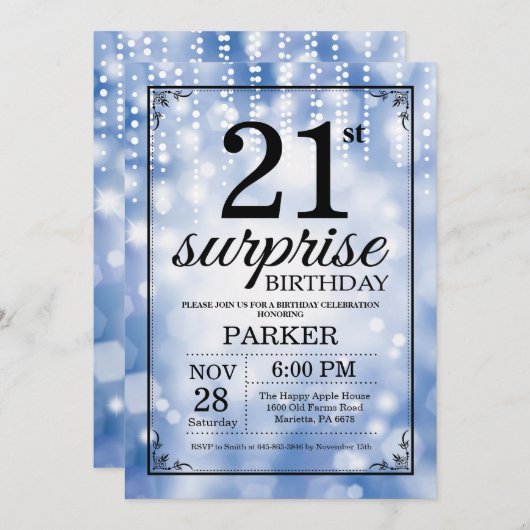 Überraschung 21. Geburtstag Einladung Blauer Glitz (Vorne/Hinten)
