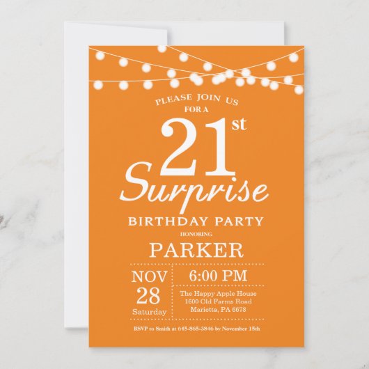 Überraschung 21. Geburtstag Einladung Orange (Vorderseite)