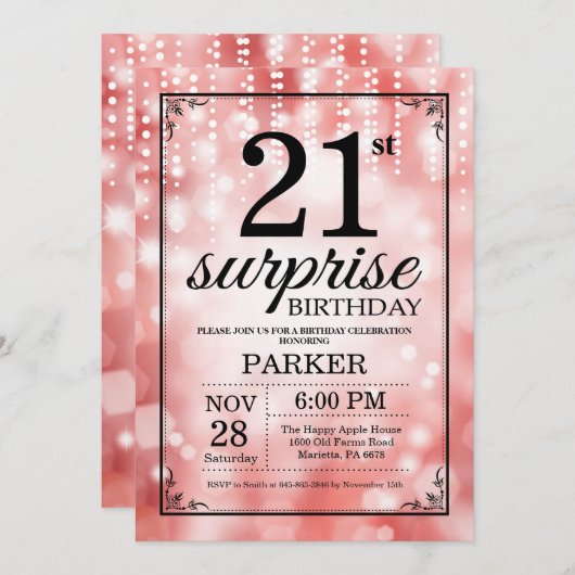 Überraschung 21. Geburtstag Einladung Roter Glitze (Vorne/Hinten)