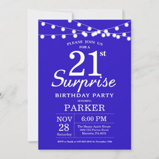 Überraschung 21. Geburtstag Einladung Royal Blue (Vorderseite)