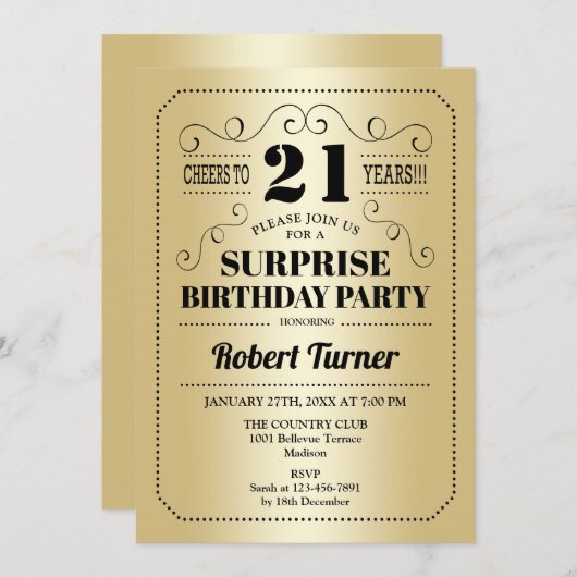 Überraschung 21. Geburtstag - Gold Black Einladung (Vorne/Hinten)