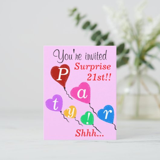 Überraschung 21. Geburtstag Herzblasen Einladungen (Stehend Vorderseite)