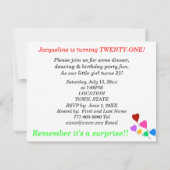 Überraschung 21. Geburtstag Herzblasen Einladungen (Rückseite)