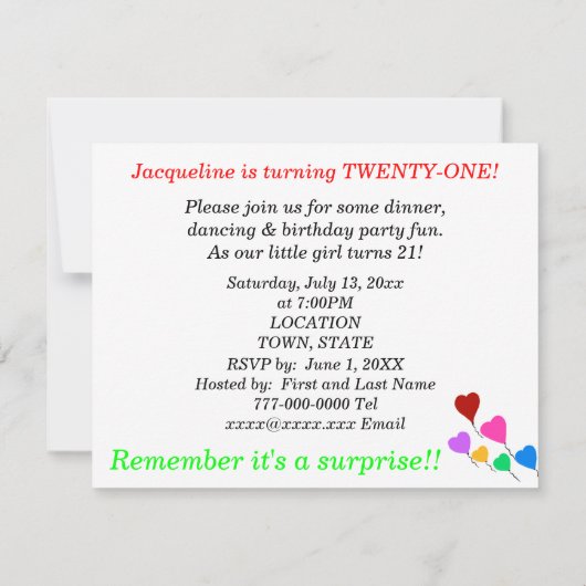 Überraschung 21. Geburtstag Herzblasen Einladungen (Rückseite)