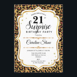 Überraschung 21. Geburtstag - Leopard Gold White Einladung<br><div class="desc">Überraschung 21. Geburtstag Einladung. Weibliches Design mit Imitaten Glitzer Gold. Features Tier Leopard Geparden Druck,  Skript-Schriftart und Konfetti. Ideal für eine elegante Geburtstagsfeier. Kann personalisiert sein,  jedes Alter zu zeigen. Nachricht,  wenn Sie weitere Anpassungen benötigen.</div>