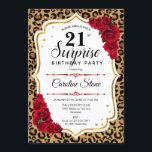 Überraschung 21. Geburtstag - Leopard Gold White R Einladung<br><div class="desc">Überraschung 21. Geburtstag Einladung. Weibliches,  weißes Design mit Imitaten Glitzer Gold. Features Tier Leopard Geparden Geparden,  rote Rosen,  Skript-Schriftart und Konfetti. Ideal für eine elegante Geburtstagsfeier. Kann personalisiert sein,  jedes Alter zu zeigen. Nachricht,  wenn Sie weitere Anpassungen benötigen.</div>