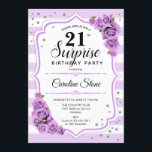 Überraschung 21. Geburtstag - Lila Einladung<br><div class="desc">Überraschung 21. Geburtstag Einladung. Weiblich weiß,  lavendelfarbenes Design. Features Streifen,  pastellfarbene lila Rose,  Skript-Schriftart und Konfetti. Ideal für eine elegante Geburtstagsfeier. Kann personalisiert sein,  jedes Alter zu zeigen. Nachricht,  wenn Sie weitere Anpassungen benötigen.</div>