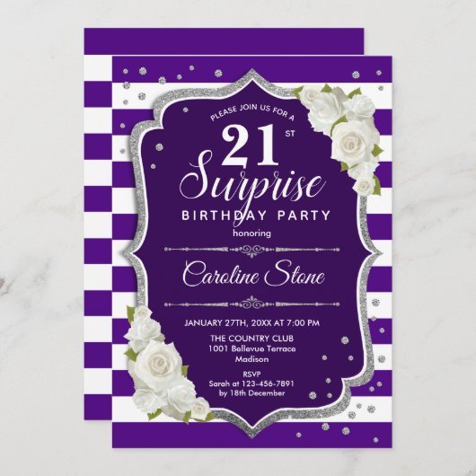 Überraschung 21. Geburtstag - Lila Silberweiß Einladung (Vorne/Hinten)
