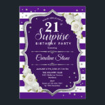 Überraschung 21. Geburtstag - Lila Silberweiß Einladung<br><div class="desc">Überraschung 21. Geburtstag Einladung. Weiblich lila,  weißes Design mit Imitaten Glitzer Silber. Features Streifen,  weiße Rosen,  Skript-Schriftart und Konfetti. Ideal für eine elegante Geburtstagsfeier. Kann personalisiert sein,  jedes Alter zu zeigen. Nachricht,  wenn Sie weitere Anpassungen benötigen.</div>