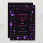 Überraschung 21. Geburtstag Lila und schwarzes Par Einladung (Vorne/Hinten)