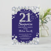 Überraschung 21. Geburtstag Navy Blue Silver Diamo Einladung (Stehend Vorderseite)
